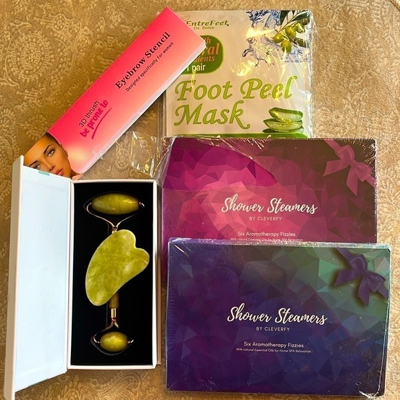Brand New Spa Bundle Shower Steamers Foot Peel Masks Jade Roller Eyebrow Stencil - Picture 13 of 13